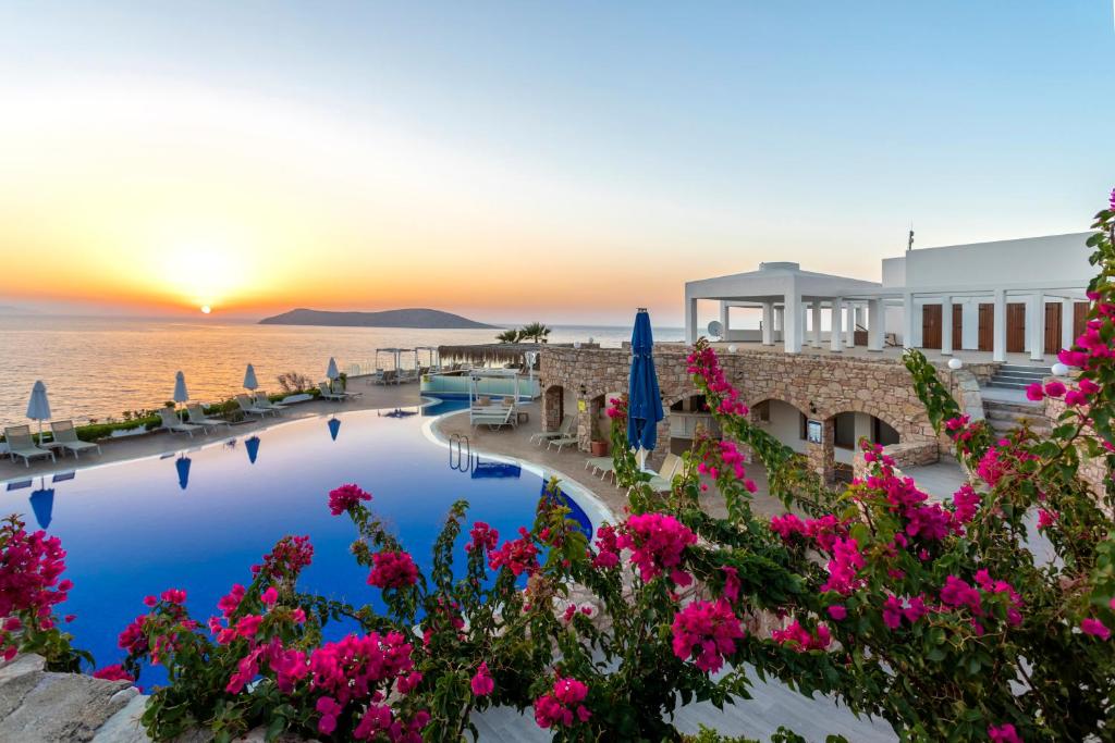 vista su una piscina del resort con fiori rosa di Vega Aparts a Gümüşlük