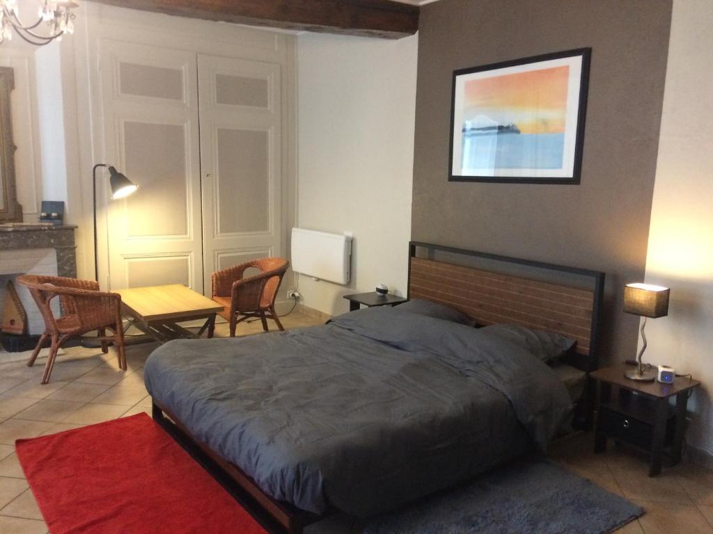 a bedroom with a bed and a table and chairs at Chambre spacieuse au calme proche de Lyon 