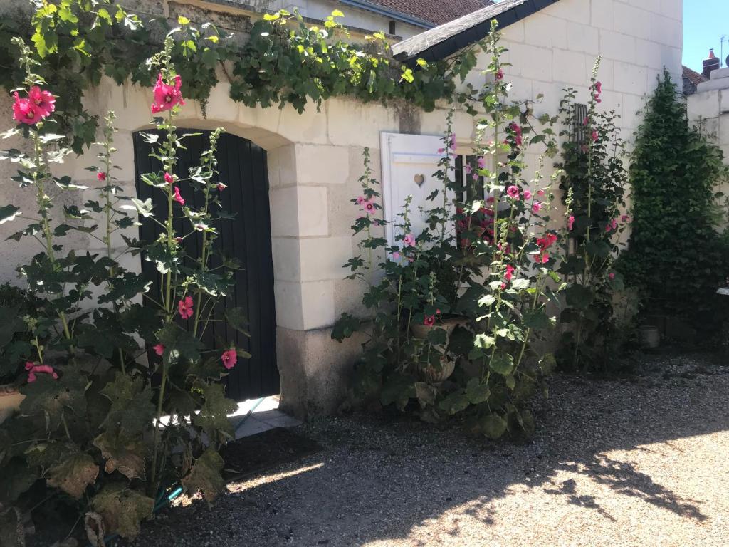 un jardín con rosas creciendo en un edificio en LA PETITE COUR, en Loches