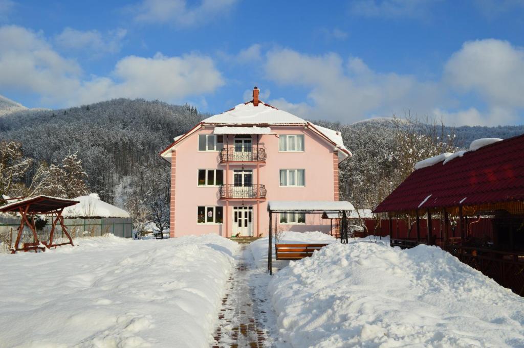una casa rosa è coperta di neve di Котедж Любов a Solochyn
