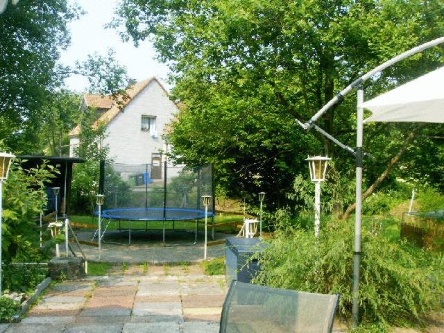 a house with a blue trampoline in a yard at Waldpension zum Felsenkeller in Lichtenfels-Sachsenberg