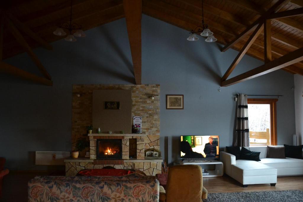 sala de estar con chimenea y sofá en Ivoi Magasbukki vendeghaz, en Izvoare