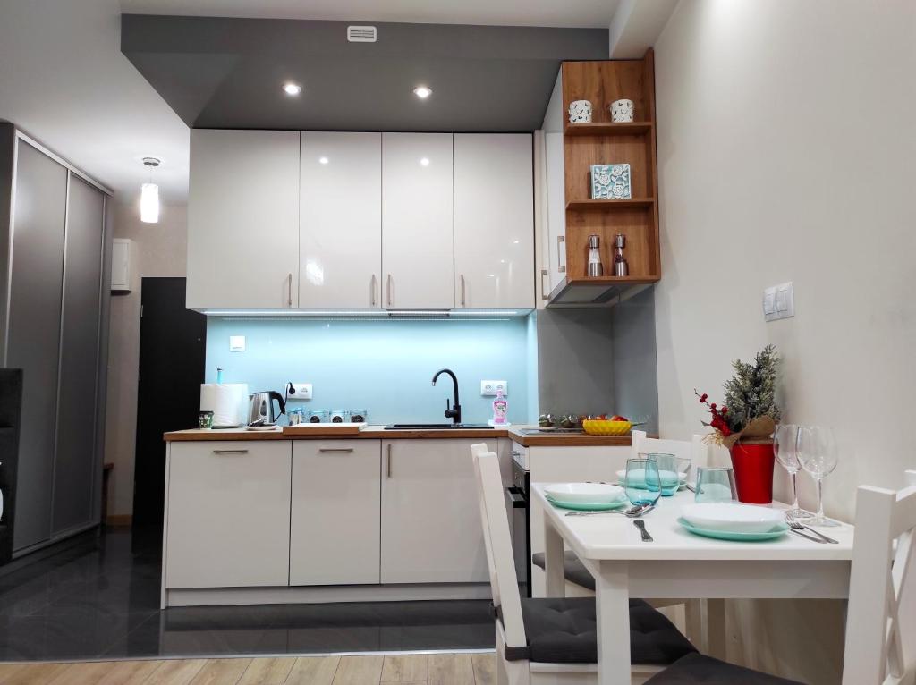Kuchyňa alebo kuchynka v ubytovaní Apartamentylove - Apartament Kiliński, prywatny garaż podziemny opcjonalnie