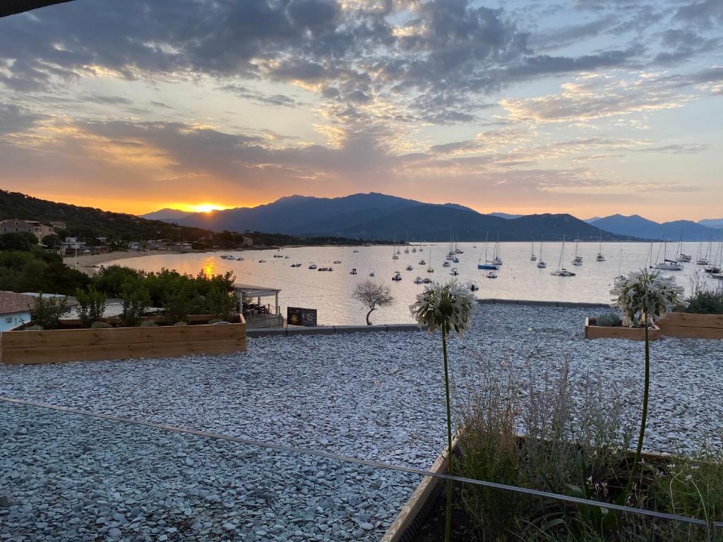 - une vue sur un lac avec des bateaux dans l'eau dans l'établissement Residence Capriona, à Porto Pollo