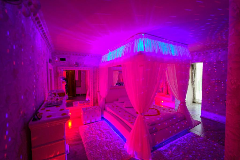 ein lila Zimmer mit einem Bett mit Baldachin in der Unterkunft Anadi Hotel Boutique in Braşov