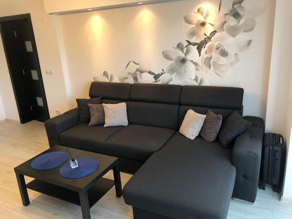 uma sala de estar com um sofá e uma mesa em Apartament modern Târgoviște în regim hotelier em Târgovişte