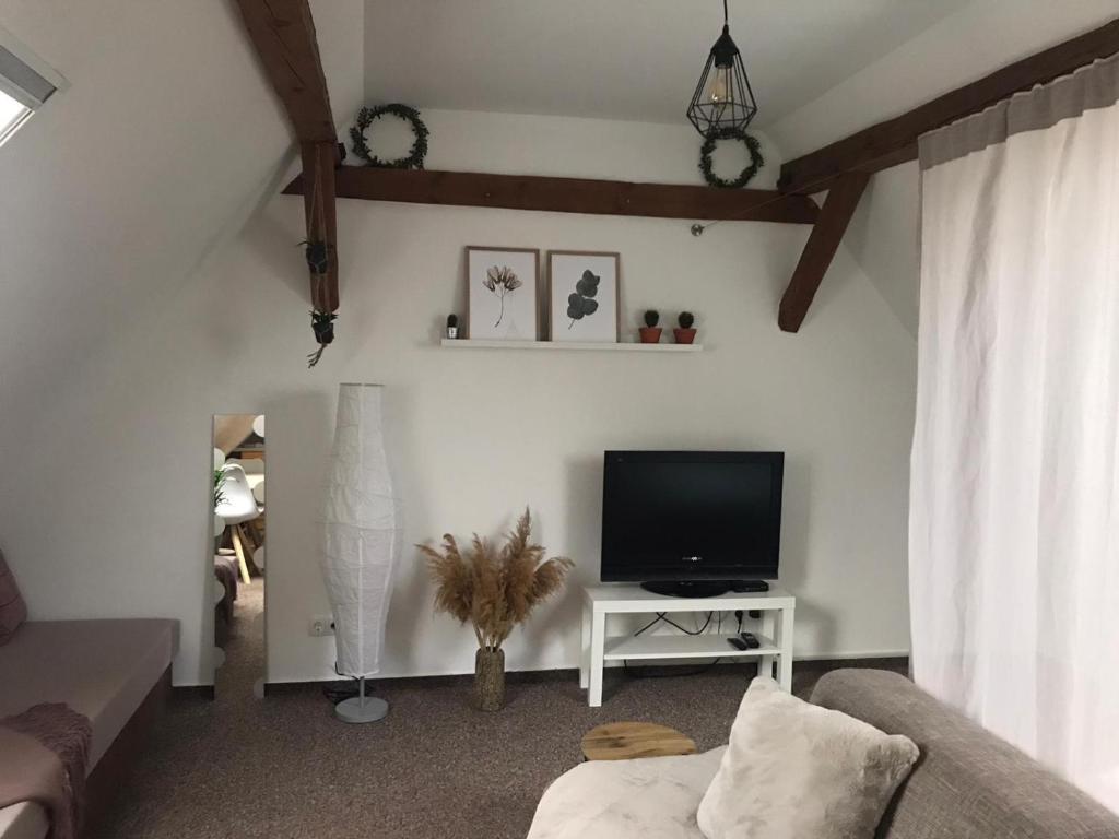 a living room with a couch and a television at Ferienwohnung Willi II in Spremberg