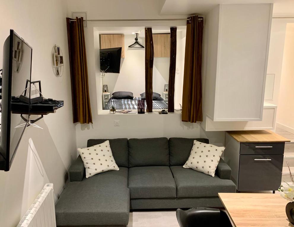 a living room with a couch and a mirror at Appartement T2 centre-ville -003 in Rouen