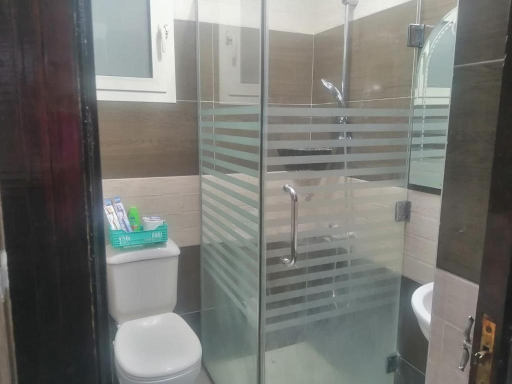 a bathroom with a toilet and a glass shower at Saraya Eltram-families only in Alexandria