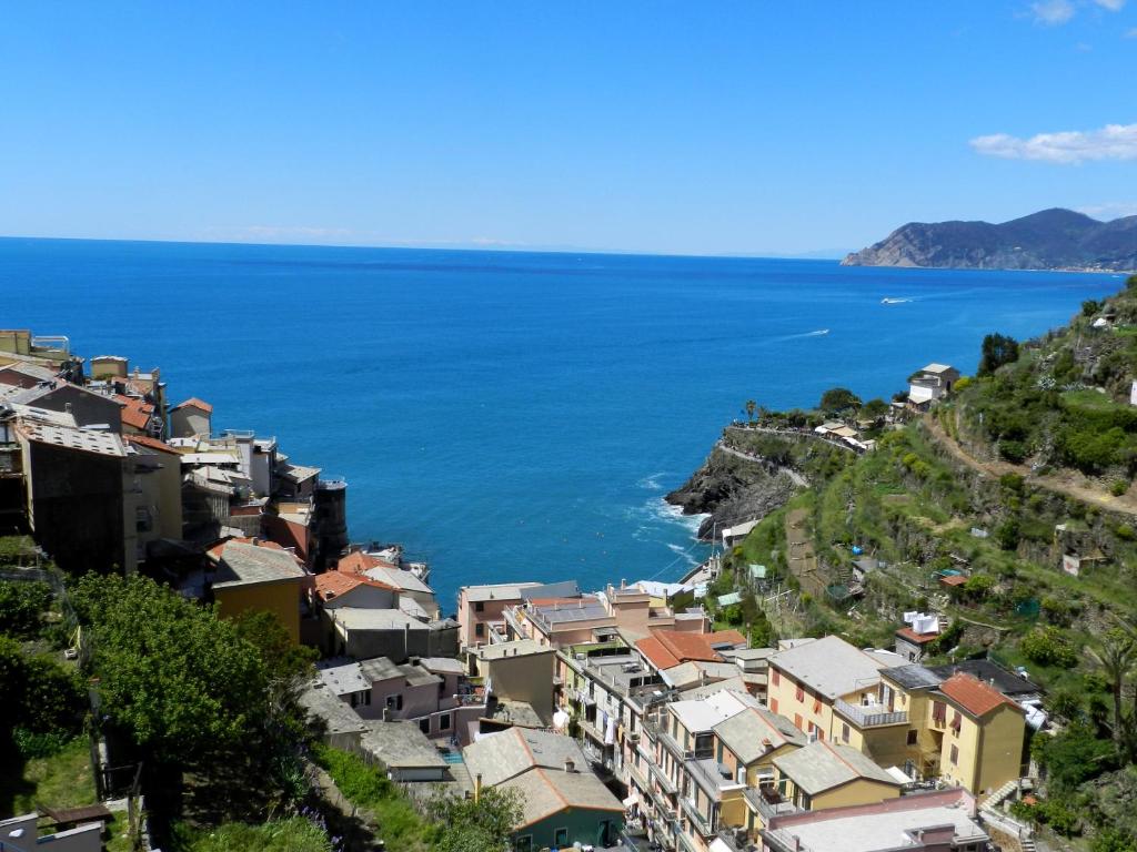 miasto na wzgórzu z oceanem w tle w obiekcie ARIA DI MARE, Manarola - Appartamento THE VIEW w mieście Manarola
