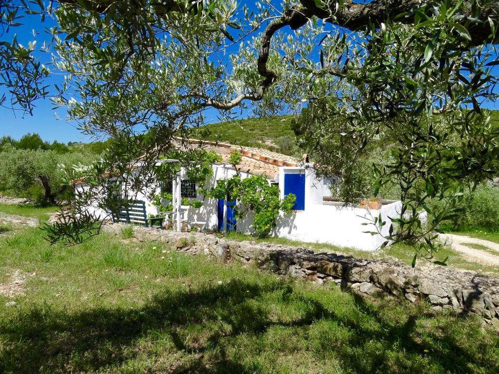 ein weißes Haus mit einer blauen Tür auf einem Feld in der Unterkunft Casita Blanca in Perelló