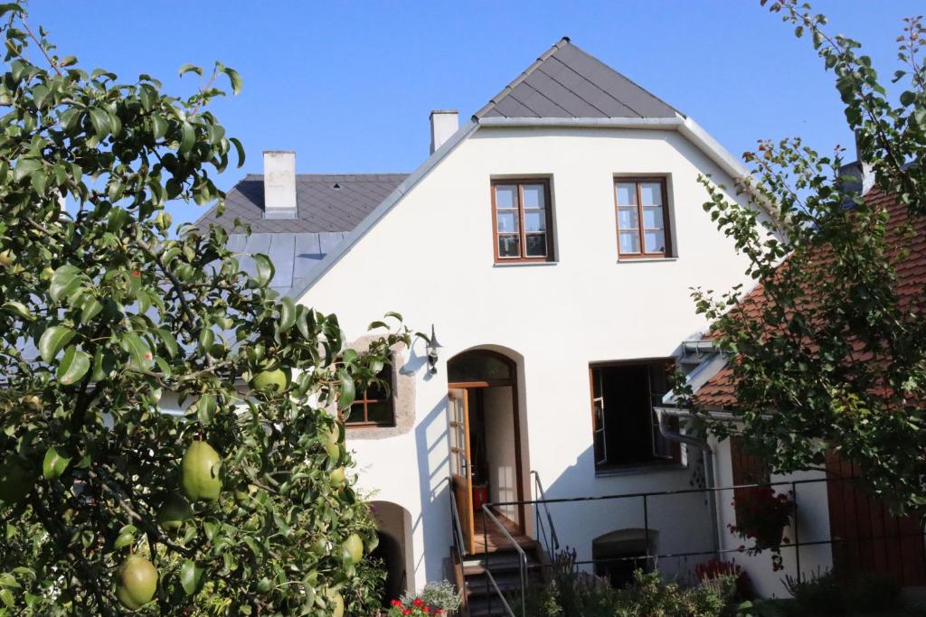 Biały dom z drzewami przed nim w obiekcie Penzion-apartmán Souček w mieście Jindrichuv Hradec