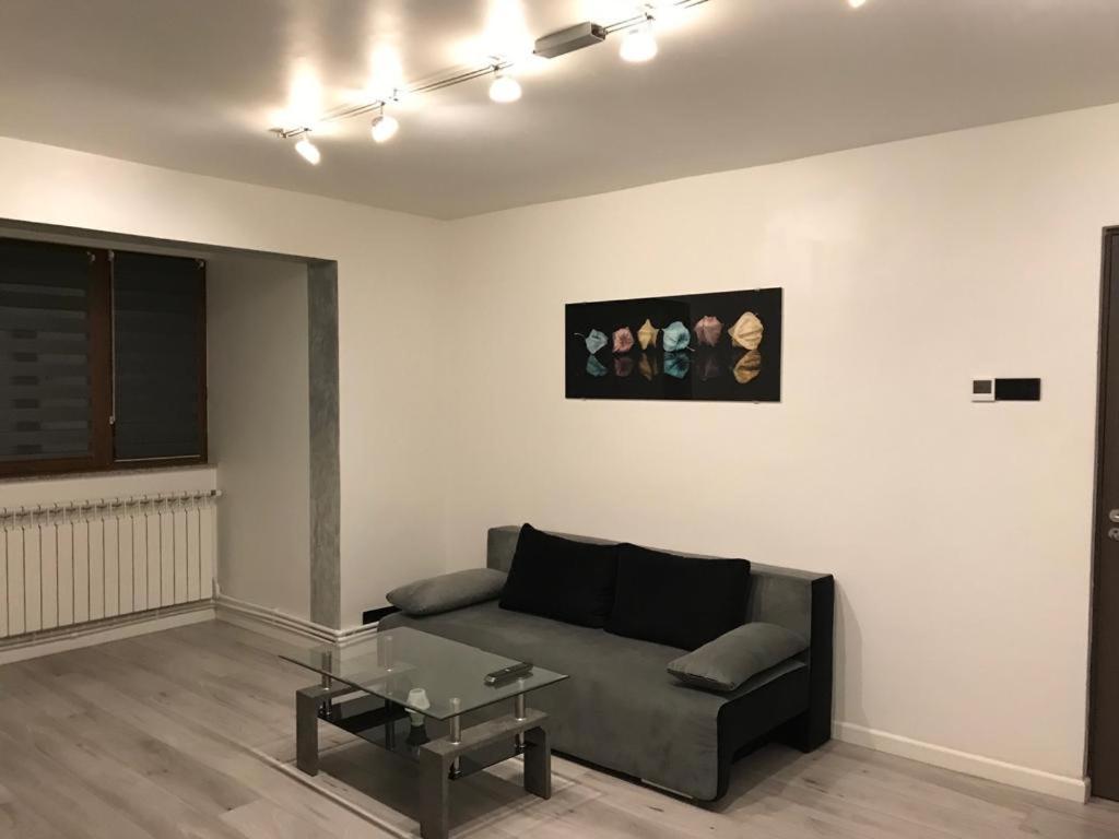 ein Wohnzimmer mit einem Sofa und einem Glastisch in der Unterkunft White & Silver Luxury Apartament in Craiova