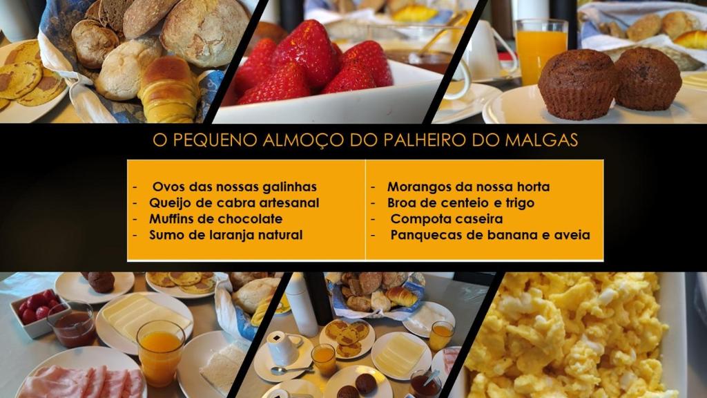 een collage van foto's van verschillende ontbijtproducten bij Palheiro do Malgas in Lousã