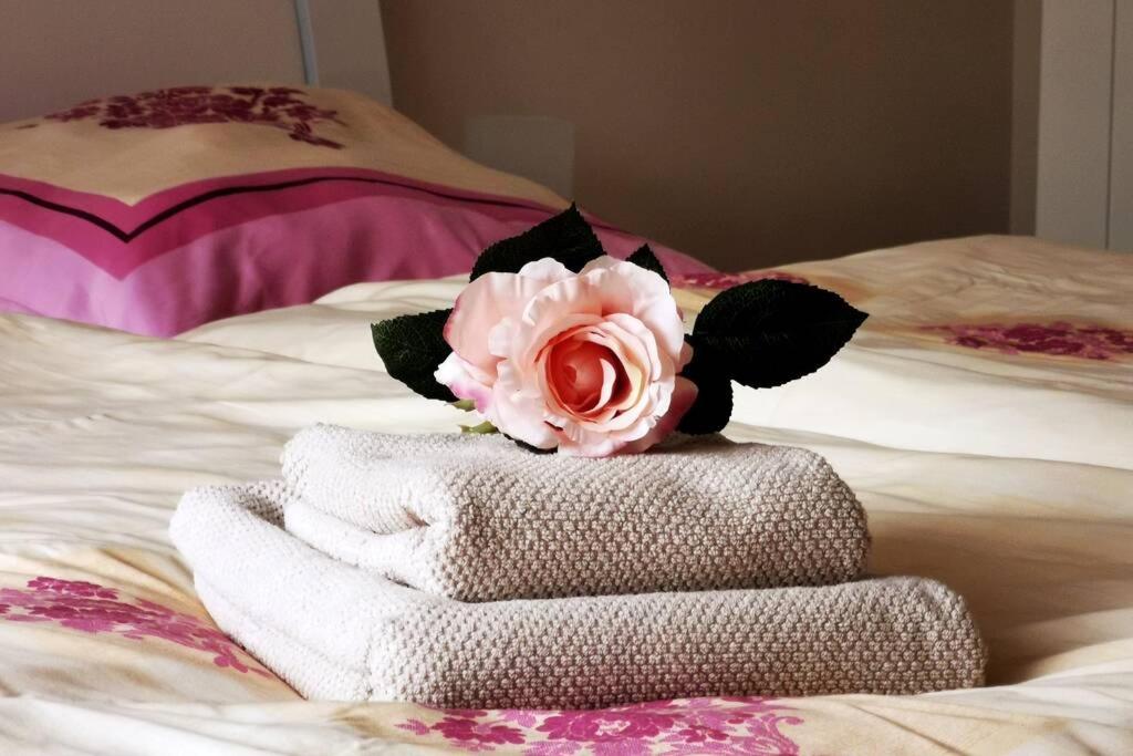 een stapel handdoeken met een roos op een bed bij Willi´s Ferienwohnung in Heroldsberg