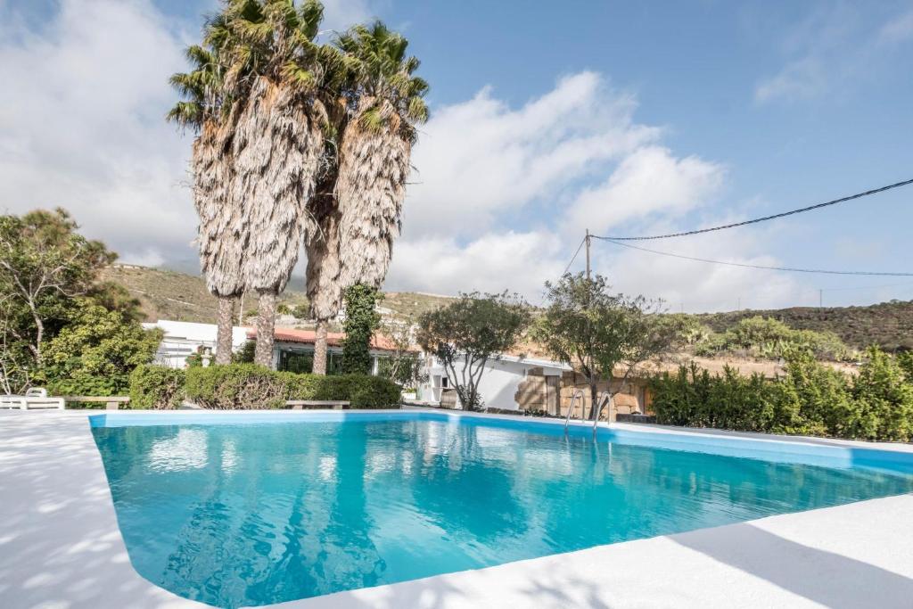 una piscina di fronte a una casa con palme di Finca Carrillo a Lomo de Arico