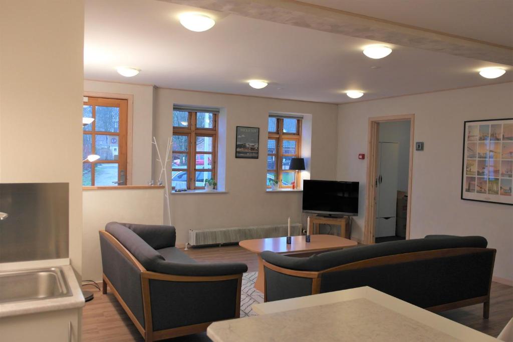 a living room with chairs and a table and a tv at Skjoldbjerg Garnihotel in Vorbasse