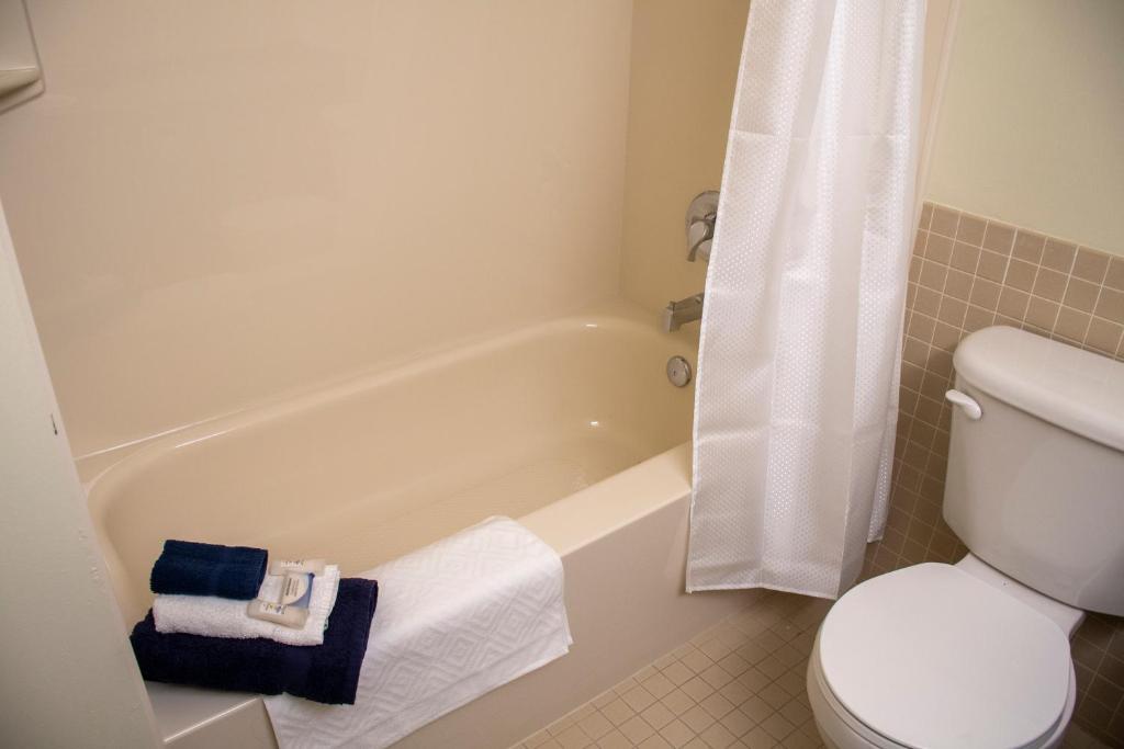 a bathroom with a tub and a toilet and a shower at Residence & Conference Centre - Sarnia in Sarnia