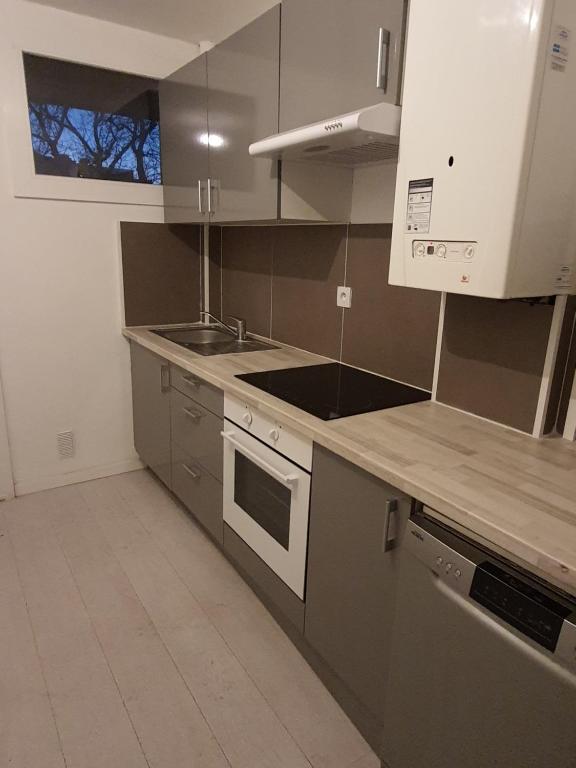 a kitchen with gray cabinets and a stove top oven at Appartement la plage in Marseille