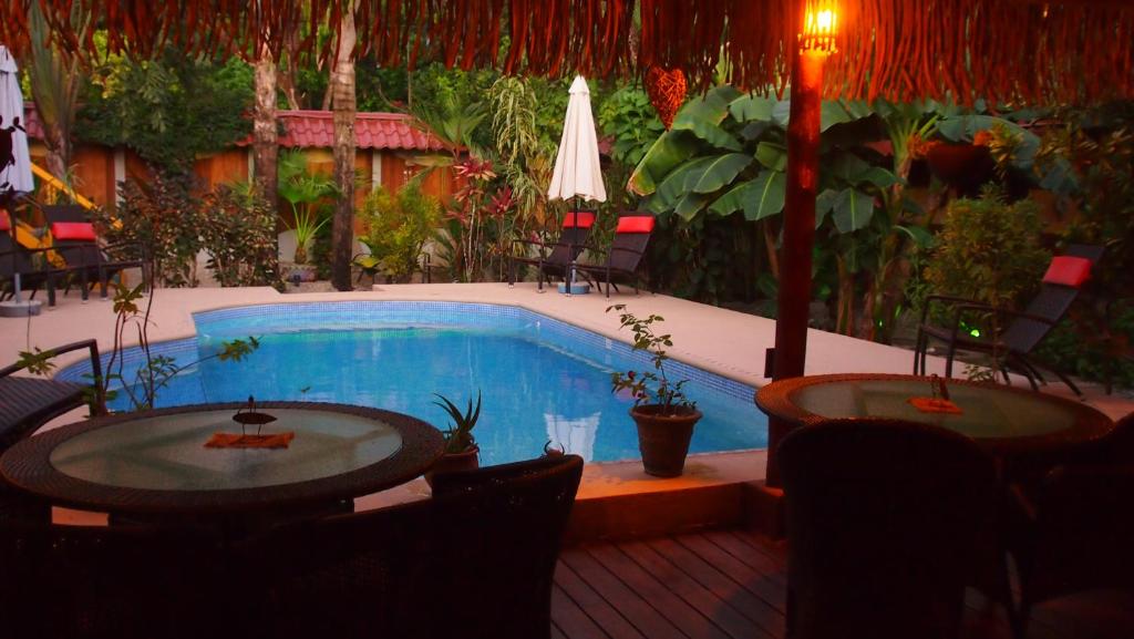 a swimming pool with tables and chairs and a patio at Samara Palm Lodge in Sámara