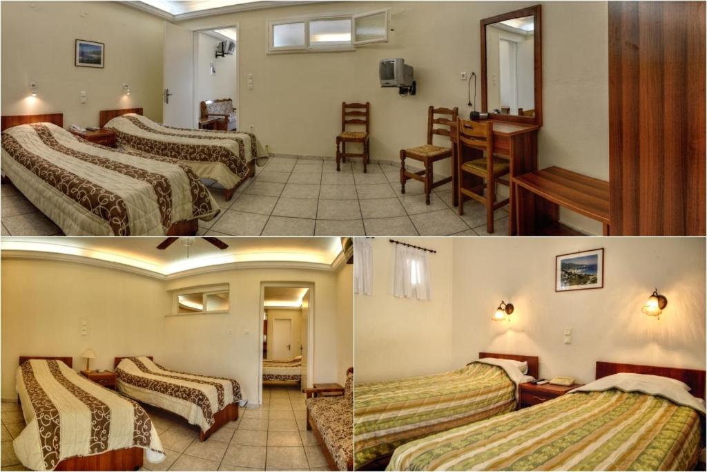 two pictures of a hotel room with beds and a desk at Vassiliki Studios in Andros