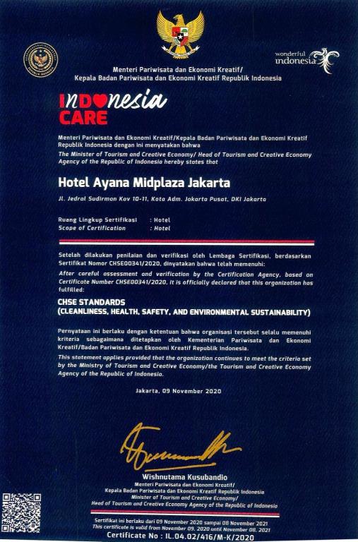 Certifikát, hodnocení, plakát nebo jiný dokument vystavený v ubytování AYANA Midplaza JAKARTA