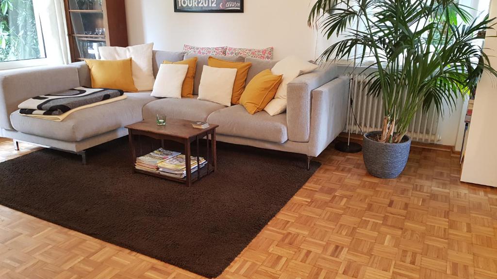 - un salon avec un canapé et une table dans l'établissement Stadtnahe Wohnung mit Garten und Parkplatz, à Oldenbourg