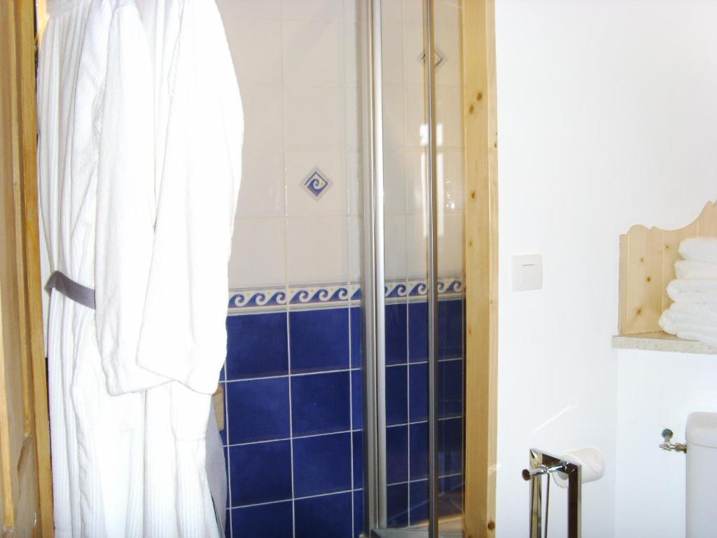 a bathroom with a shower and a blue tiled wall at La Ceriseraie in La Gorgue