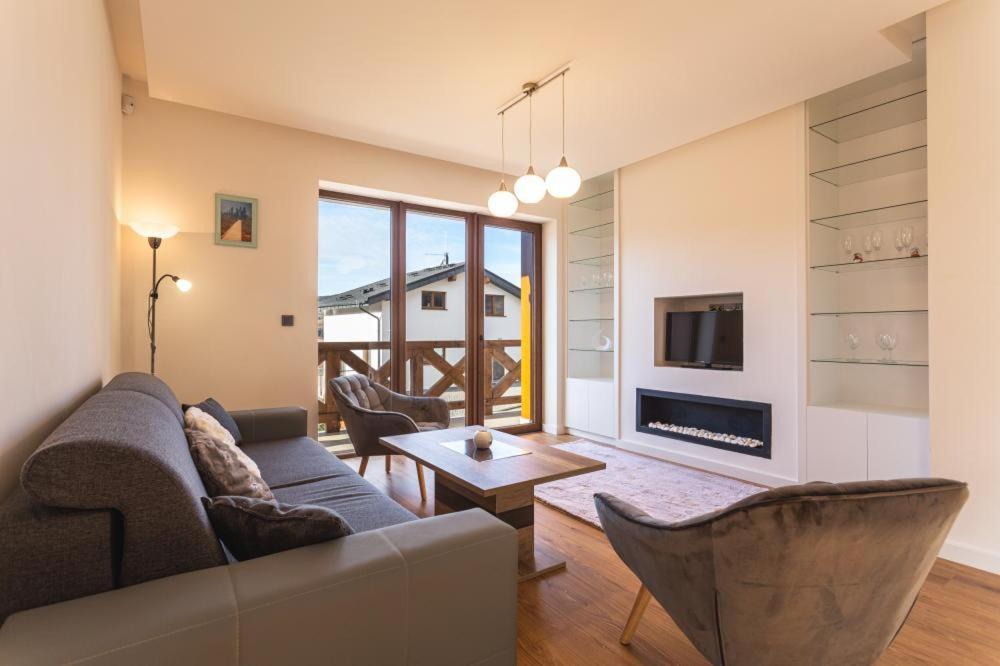 a living room with a couch and a fireplace at Mountain Apartment Panorama Klinovec in Loučná pod Klínovcem