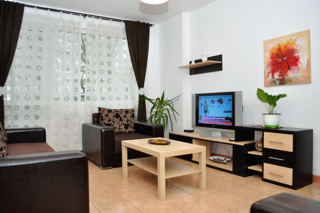 a living room with a couch and a tv at Gamma Group Accommodation in Bucharest