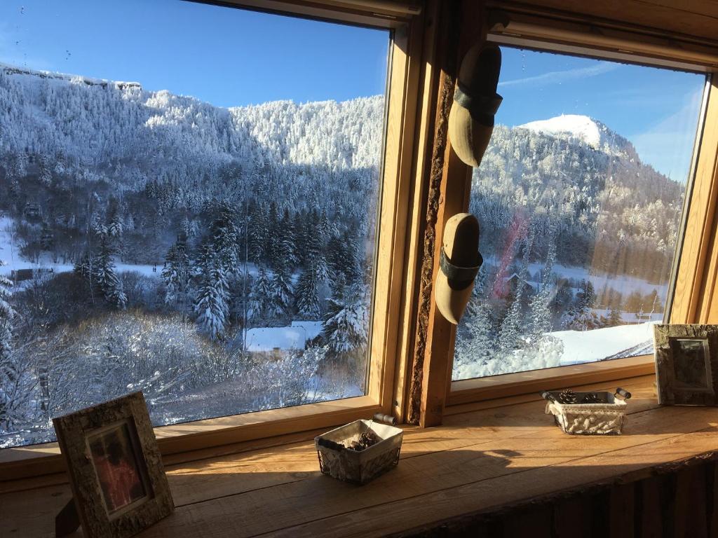 ein Fenster mit Blick auf einen schneebedeckten Berg in der Unterkunft Appartement chalet Bellevue-pied de la montagne - Mont Dore in Le Mont-Dore