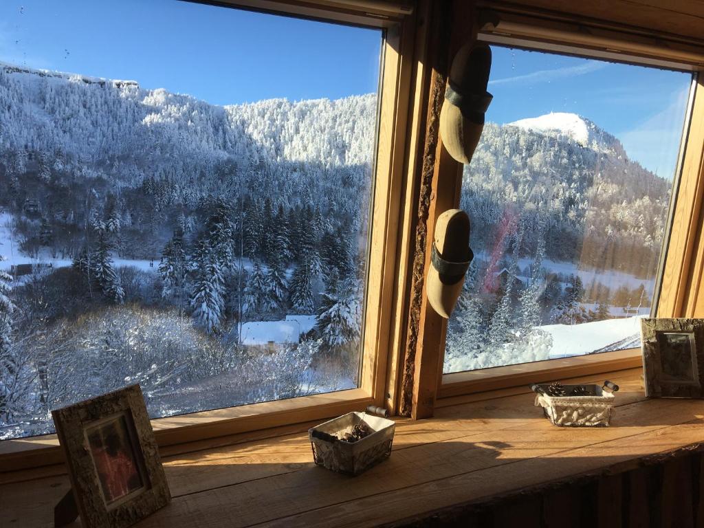 a window with a view of a snow covered mountain at Appartement chalet Bellevue-pied de la montagne - Mont Dore in Le Mont-Dore