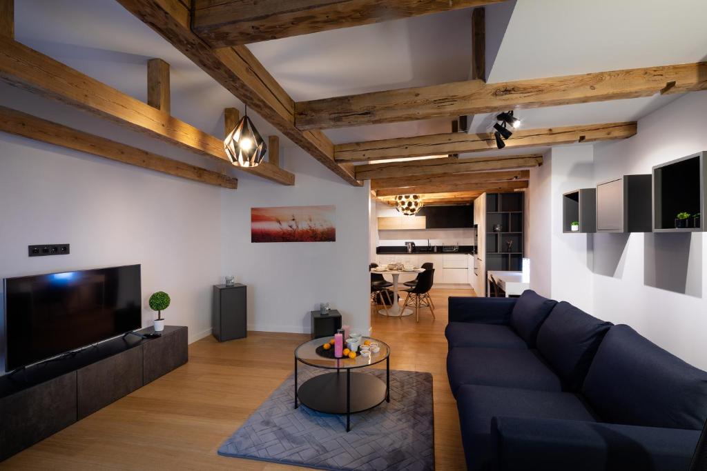 a living room with a blue couch and a tv at Merkela Loft Apartment Beside Vermanes Park in Riga