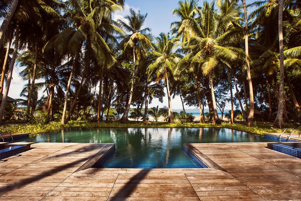 a swimming pool with palm trees and a boardwalk at Sea Shell Resort & Spa, Havelock in Havelock Island