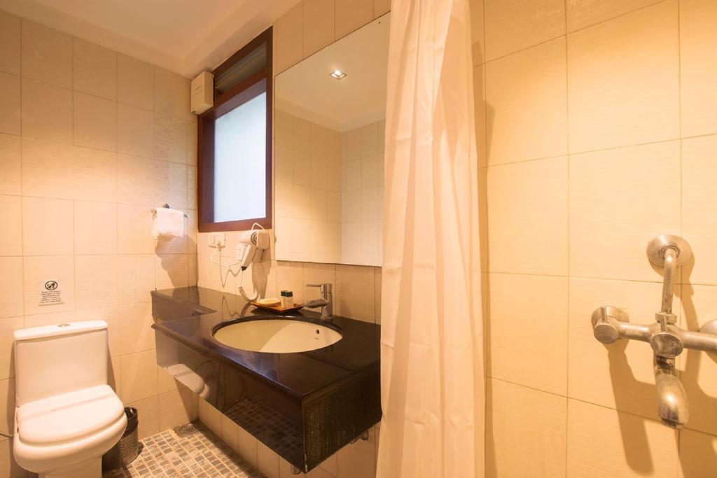 a bathroom with a sink and a toilet and a window at Sea Shell Resort & Spa, Havelock in Havelock Island