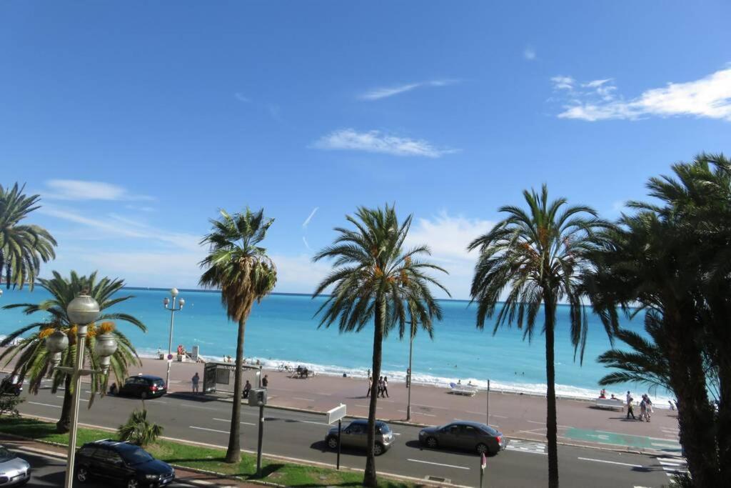 - une vue sur la plage bordée de palmiers et l'océan dans l'établissement Promenade des anglais Amazing sea view 140M2 3BR, à Nice