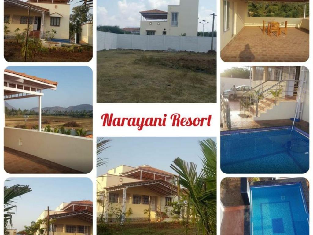 een collage van foto's van een huis bij Narayani Resort - Serene resort with private swimming pool in Tiruvannamalai