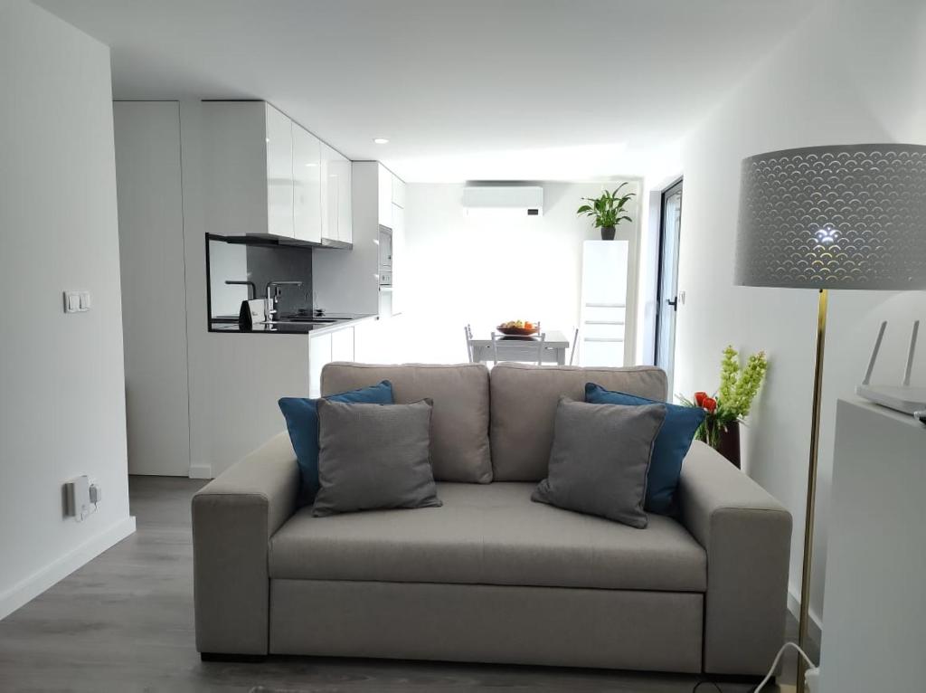 a living room with a couch with pillows at Apartment - Vista Alegre in Ponte de Lima