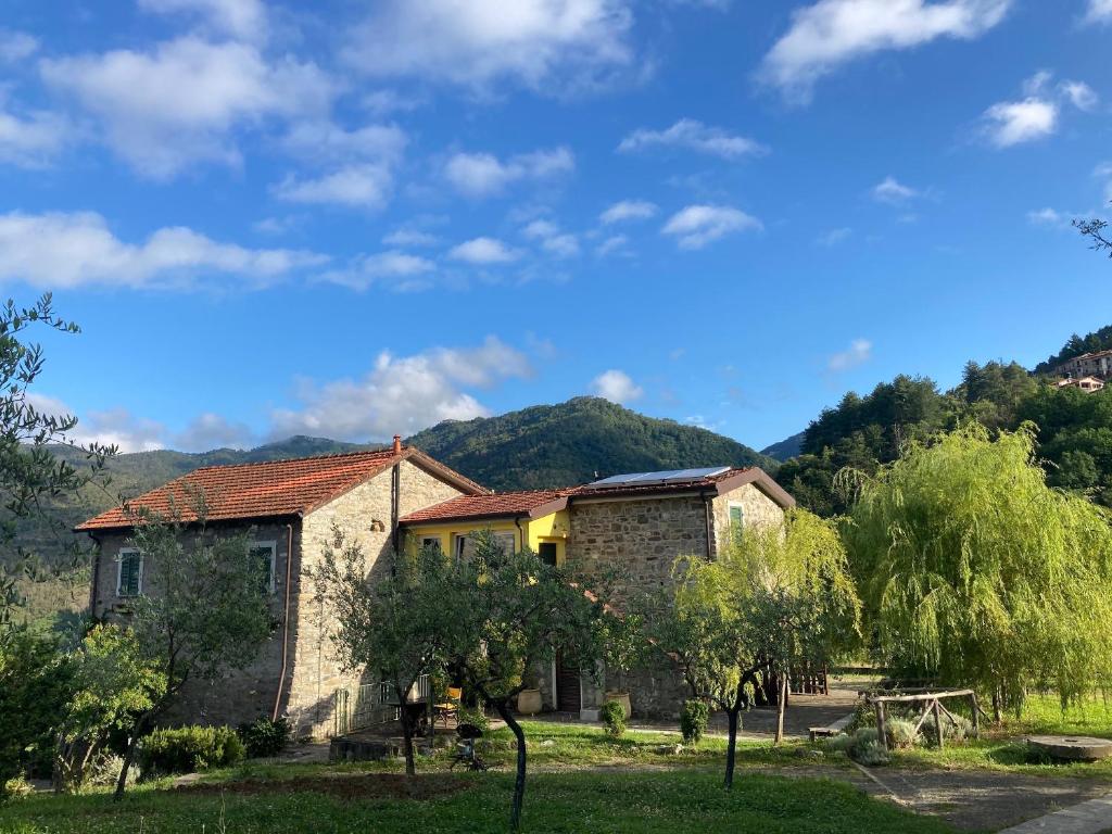 Calice al Cornoviglio的住宿－I due Ghiri，一座以山为背景的石头房子