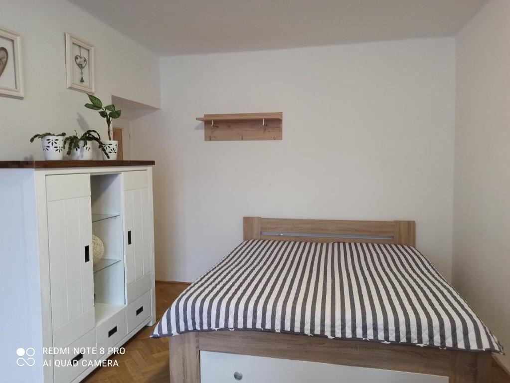 1 dormitorio con 1 cama y armario blanco en Lucka en Ústí nad Labem