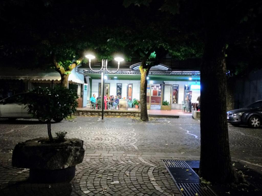 uma rua da cidade à noite com árvores e um edifício em affittacamere rezzo em Monte San Giacomo