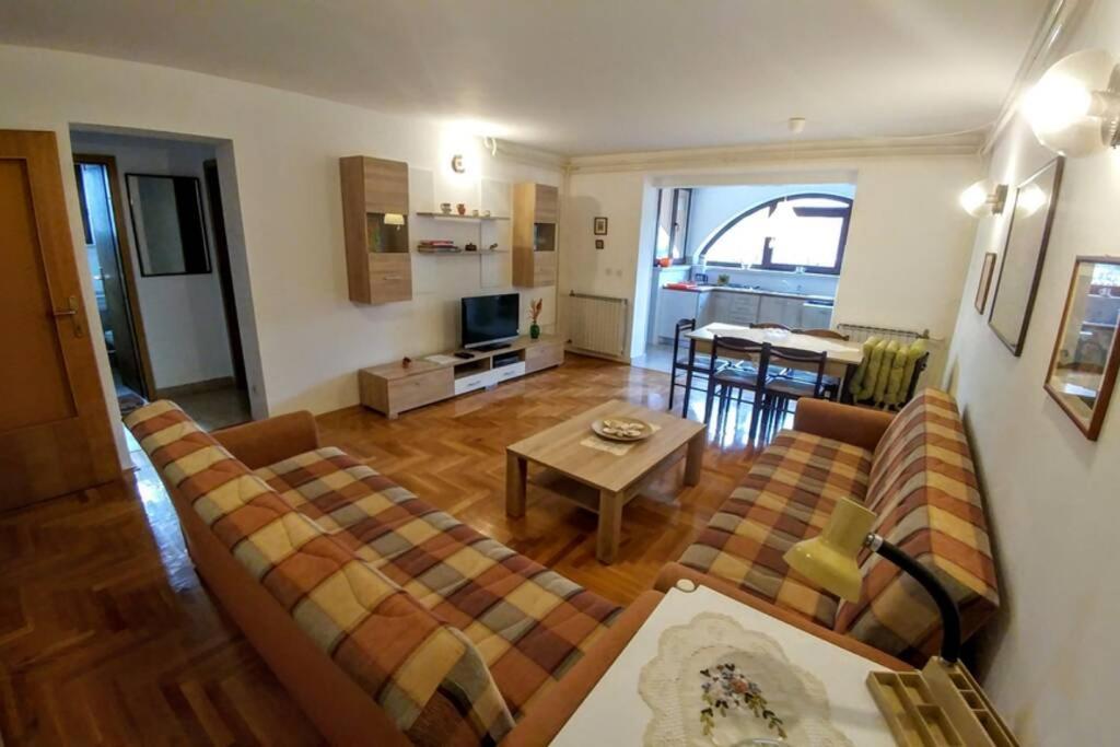 un soggiorno con divano e tavolo di Apartman 100m2, full opremljen, privatni parking. a Pola (Pula)