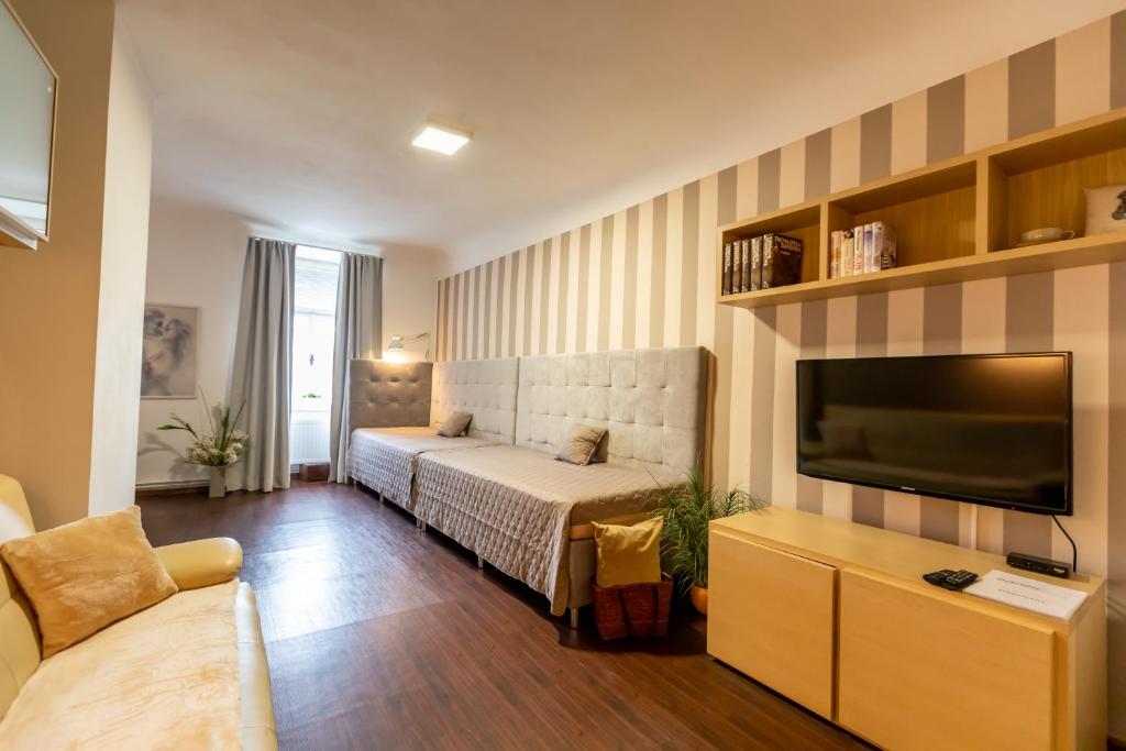 a bedroom with a bed and a flat screen tv at Palác Daun - Studio Apartments in Znojmo