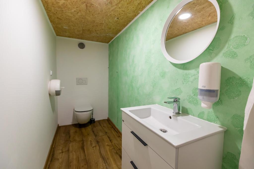 a bathroom with a sink and a mirror at Palác Daun - Studio Apartments in Znojmo