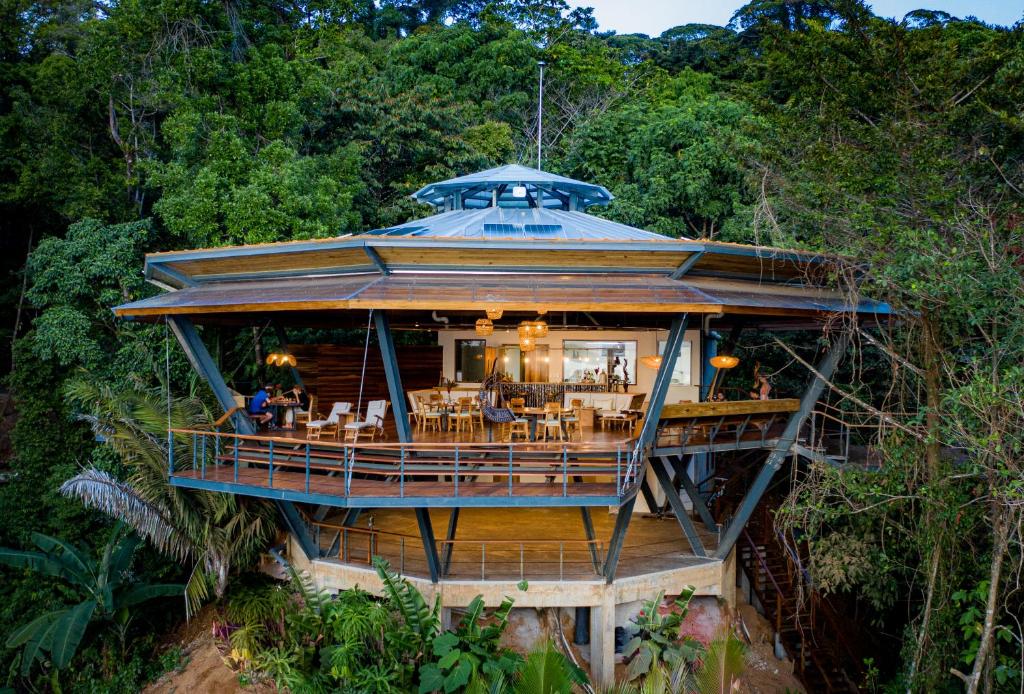 a large house in the middle of a forest at La Loma Jungle Lodge and Chocolate Farm in Bocas del Toro