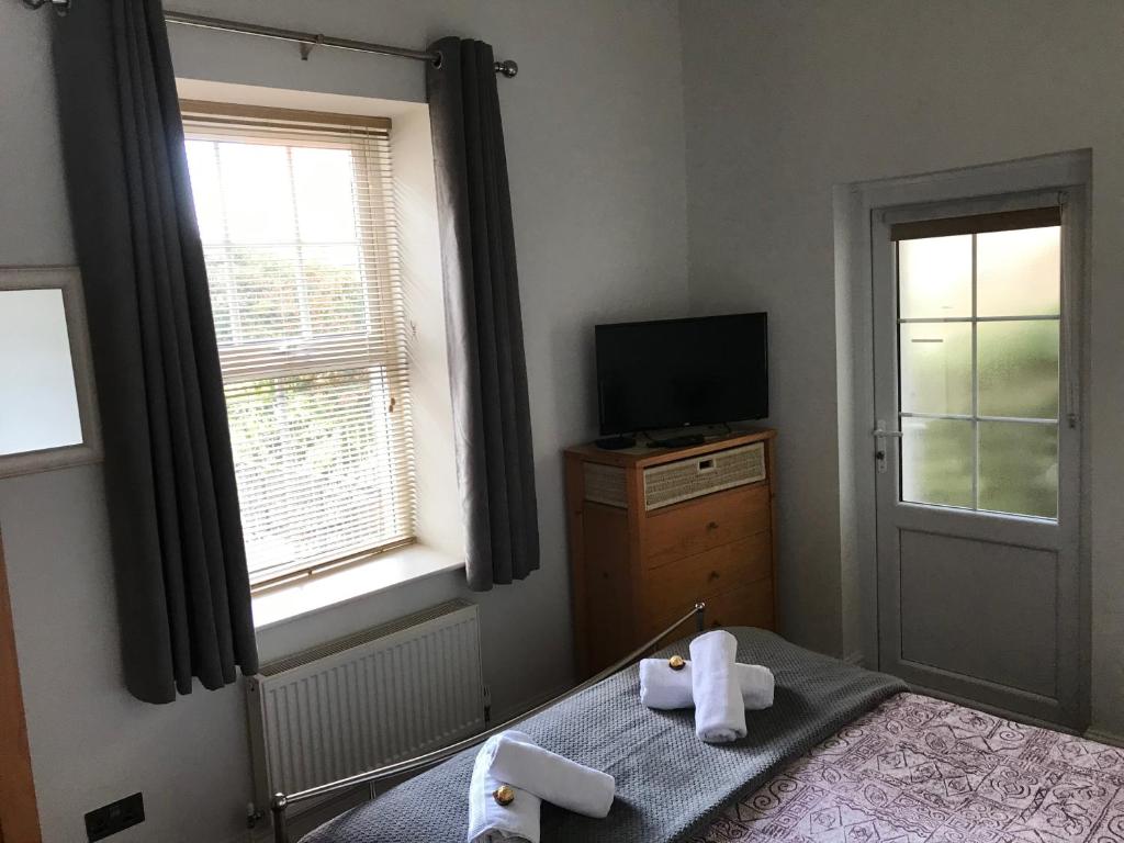a bedroom with a bed and a tv and a window at Southover Beach in Woolacombe