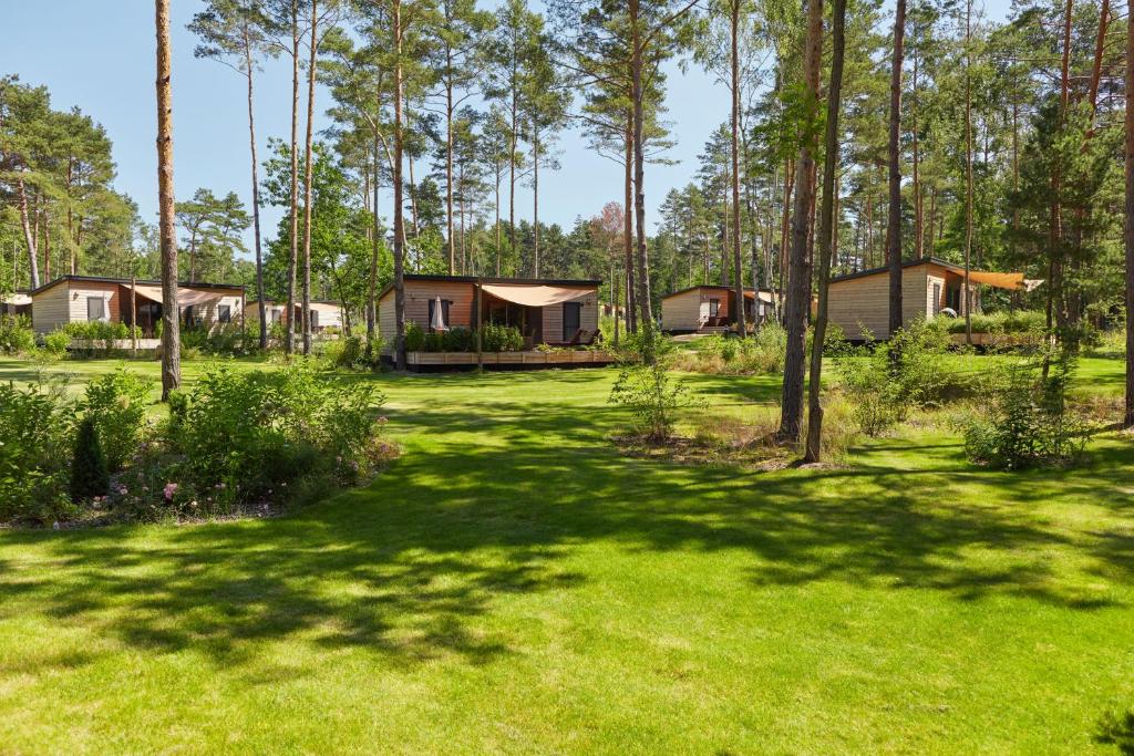 a house in the middle of a field with trees at Tropical Islands Resort 