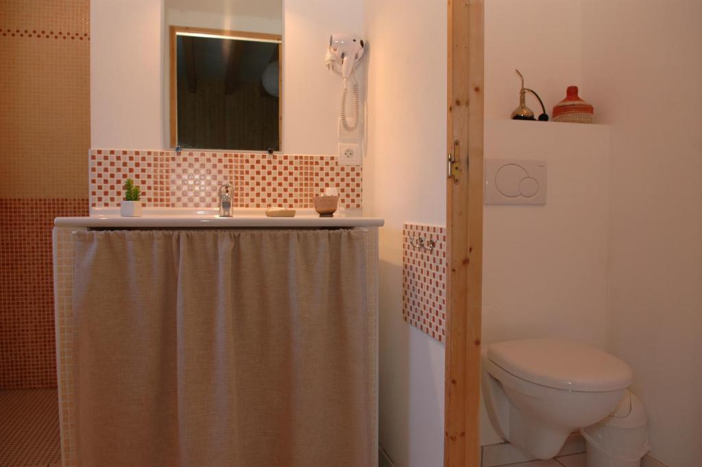 a bathroom with a sink and a toilet and a mirror at Lo Saunei in Laruns