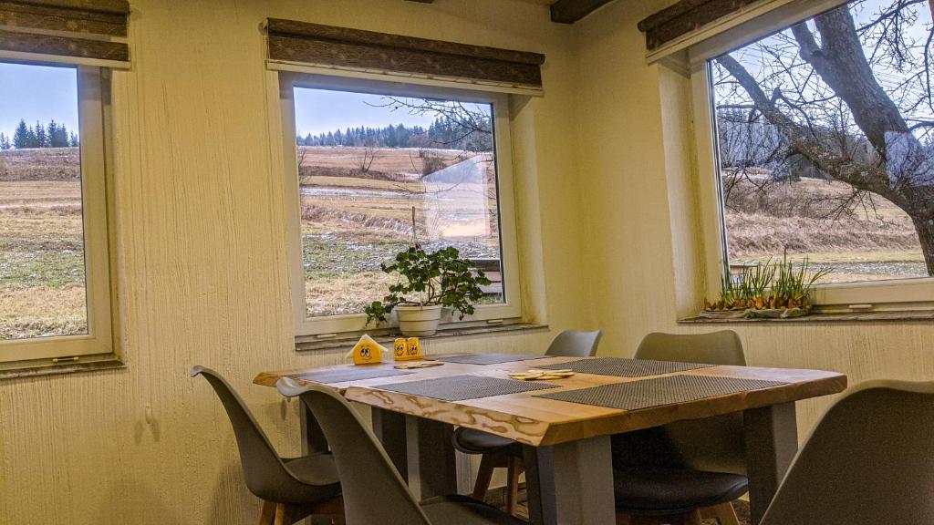 einen Tisch und Stühle in einem Zimmer mit Fenstern in der Unterkunft Gostynna Rodyna in Izky