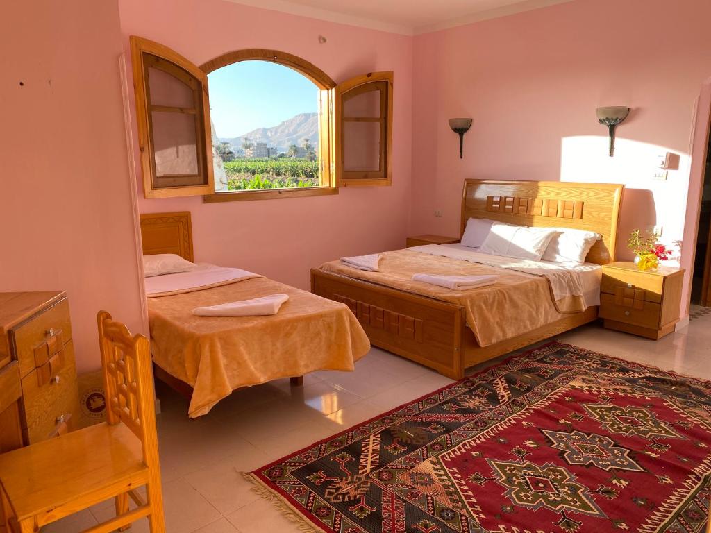 a bedroom with two beds and a window and a rug at Elsanosy Family Guest House - Luxor in Luxor